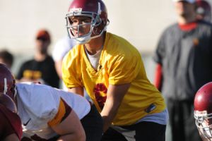 Mark Sanchez takes a snap during Spring practice